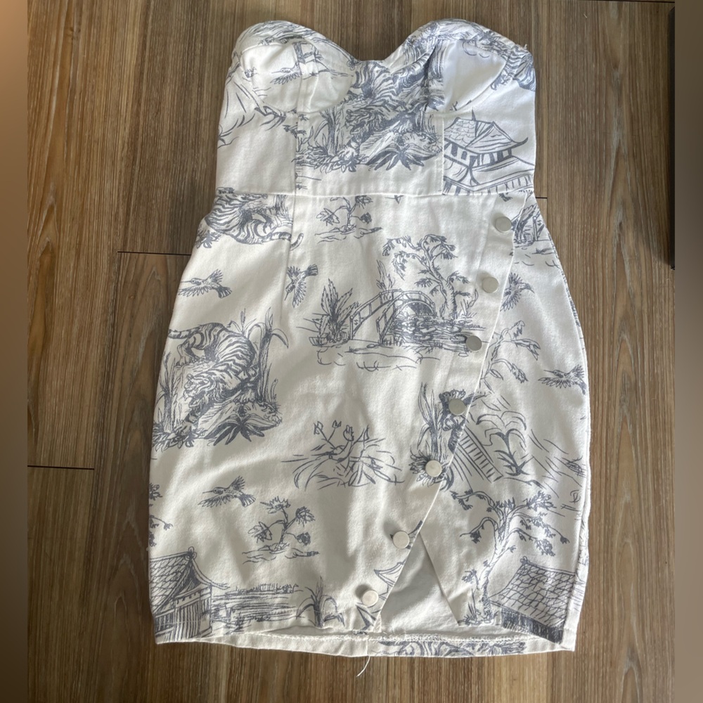 Unique White Strapless Denim Dress with Blue Tropical Patterns